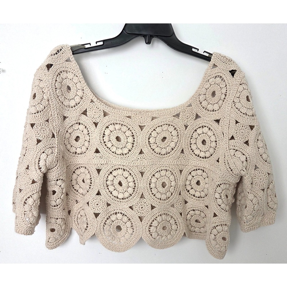 Vintage Style Crochet Medallion Short Top Cottagecore Bohemian Beige Women L